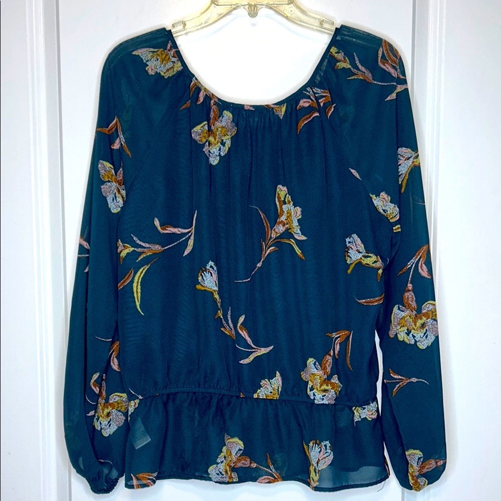 DR2 Dark Teal Blue Puff Sleeve Peplum Floral Blouse size Large - Picture 2 of 10